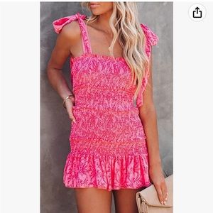 Women's Summer Floral Spaghetti Strap Square Neck Ruffle Tie Mini Smocked Dress